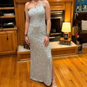 One-Shoulder Dress in Soft Blue with Silver Beading